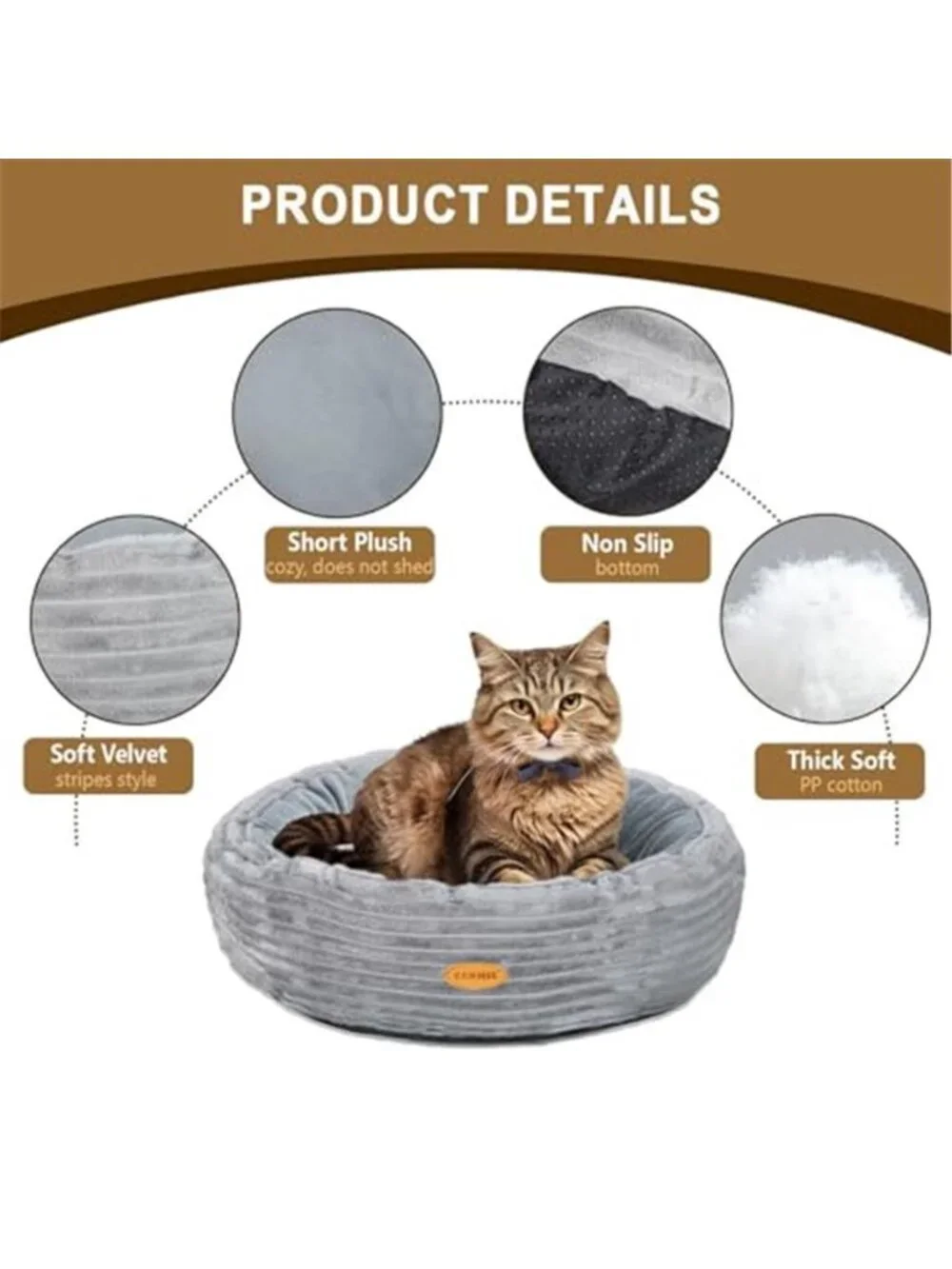 Donut Cat Bed Fluffy Round Pet Bed Small Dog Calming Plush Washable Gray 20in